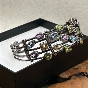 Sterling Silver Topaz Peridot Citrine Amethyst Green Amethyst Signed Cuff